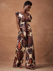 Zivah 2025 Summer Fashion Casual Elegant Vacation Daily Date Birthday Party Commuter Loose Feel European And American Retro Deep V Neck Sexy Sleeve Raglan Sleeve Waist Bow Top + Wide Leg Pants Ultra-Long Pa African Print Jumpsuit Boho Jumpsuit Resort Outfits For Women Resort Wear