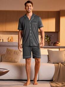 Manfinity Underwear&Sleepwear Basics 男士拼接滾邊家居服套裝 - 深灰色 - 查看 3