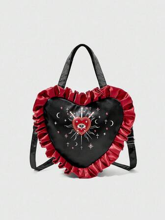 Goth Borsa a tracolla da donna con volant a contrasto, motivo a cuore e stampa oculare