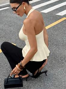 Siren Gaze Women Halter Neck Knit Top With Skirt-Style Hem,Fall Women Clothes,Going Out Top,Back To School Clothes,Off The Shoulder Knit Top,Winter Tops Summer - Apricot - View 2