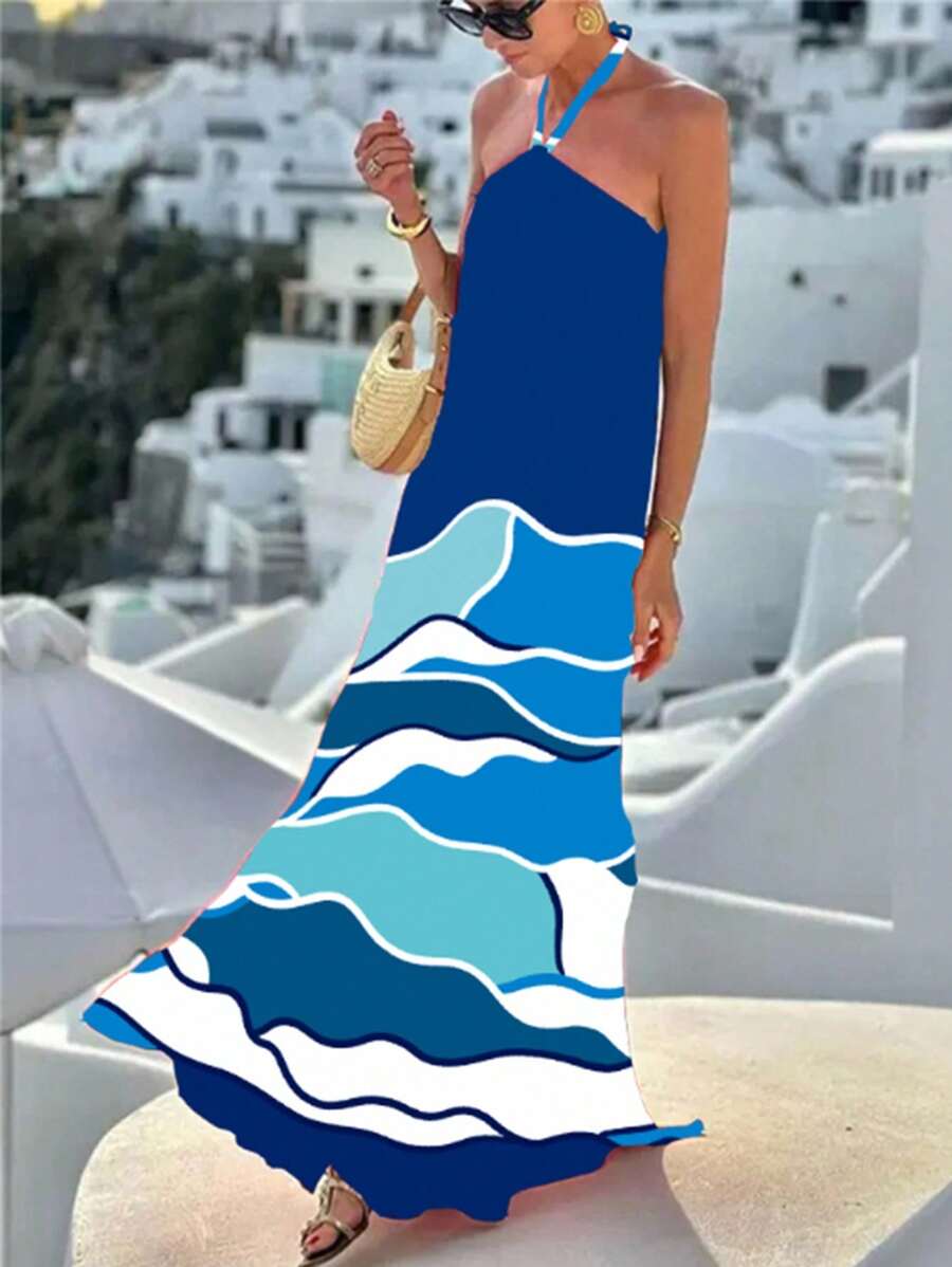 INAWLY Damen Urlaubskleid mit lockerem Neckholder-Ausschnitt und Muster - Blau - Übersicht 1