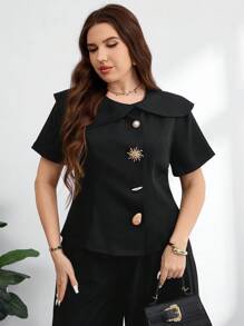 Modelyn 大码女式优雅金属装饰时尚短袖西装外套 - 黑色 - 查看 5