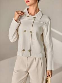 CLARA VERO Women Knit Cardigan Jacket With Gold Button And Polo Neck Elegant,Cardigans,Long Cardigans Woman,Petite,Tall - Beige - View 6