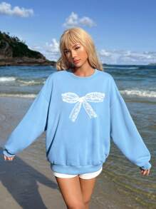 Muchica Áo nỉ dài tay rộng in họa tiết nơ ren trắng tối giản giản dị dành cho nữ, phù hợp cho mùa thu đông - Màu xanh bụi bặm - Xem 12