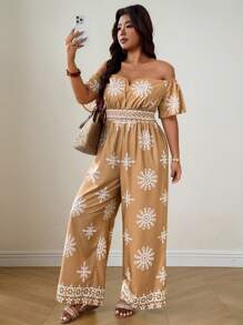 SHEIN LUNE Bộ đồ liền thân tay ngắn hở vai in họa tiết cỡ lớn có dây rút ở eo, mặc ngoài trời thường ngày - Nhiều màu - Xem 4