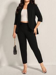 Comfylo LUNE 加大码女式纯色七分袖西装外套和裤子两件套办公室套装