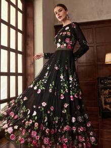 ZEYLAH 女士花卉刺绣透视长袖连衣裙，海滩度假风格，春秋季 - 黑色 - 查看 4