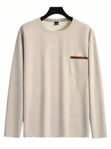 Manfinity Homme Men's Casual Versatile Contrast Pocket Long Sleeve T-Shirt Waffle Knit Long Sleeve Cream Top Men, Fall - Khaki - View 4