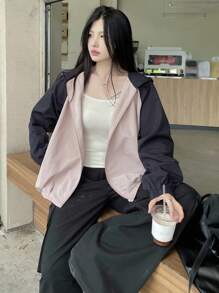 DAZY Women's Contrast Color Hooded Loose Street Style Casual Jacket,Fall Women Clothes - Grey - View 5