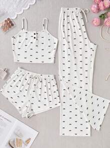 SHEIN 多件套女士蝴蝶结和蕾丝印花吊带背心短裤和长裤睡衣套装 - 白色 - 查看 5