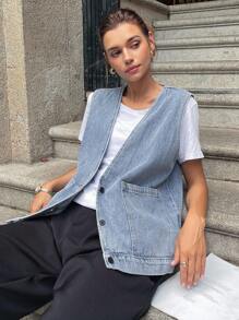 DAZY Women's Deep V Single-Breasted Pocket Loose Casual Denim Vest Women Vest Vest Shirt Jeans Vest Denim Waistcoat - Blue - View 1
