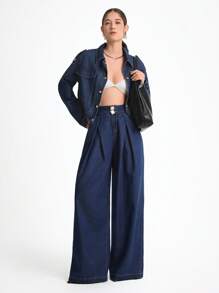 Daynim 女士休闲通勤阔腿牛仔裤 阔腿牛仔裤 喇叭牛仔裤 女士牛仔裤 喇叭裤 牛仔裤 高腰牛仔裤 - 深色水洗藍 - 查看 3