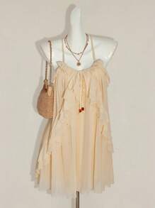 SHEIN ICON Exclusive Ruffled Hem Mini Dress For Young Ladies - Beige - View 4