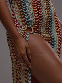 Musera Resort 钩针编织高领露背修身开衩环饰长款罩衫连衣裙，适合沙滩、泳装、性感波西米亚风节日、假日、夏季度假、可爱优雅的伊比沙条纹春季狂欢节 - 彩色 - 查看 6