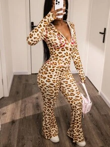 Zyxie 2 件套女式秋季豹纹拉链连帽上衣和猎豹印花裤休闲套装 - 棕色 - 查看 6
