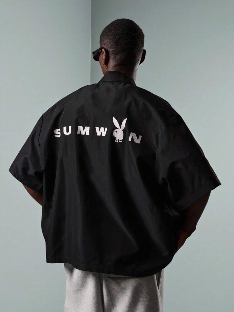 PLAYBOY X SUMWON Premium Streetwear Utility Work Zip Through Short Sleeve Shirt Reflective Logo Lightweight Oversized Menswear Festival Summer