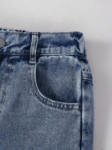 SHEIN Tween Girls Y2K 风格复古深色洗水做旧破洞阔腿牛仔裤，面料柔软舒适，时尚百搭街头风格，女童牛仔布 - 深色水洗藍 - 查看 4