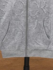 SHEIN Tween Boy 灰色连帽夹克，纹理面料，字母印花，装饰口袋，落肩设计，柔软面料，百搭，休闲，百搭，舒适 - 灰色 - 查看 4