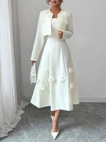 Modelyn 2件套女士无袖花卉装饰短款夹克套装 - 杏色 - 查看 7