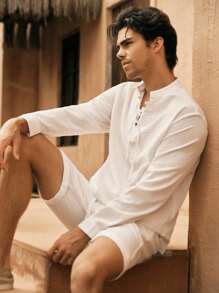 Mainfolk 2pcs Set Men Casual Woven Tie Hem Long Sleeve Shirt & Shorts Solid Color Outfit - White - View 5
