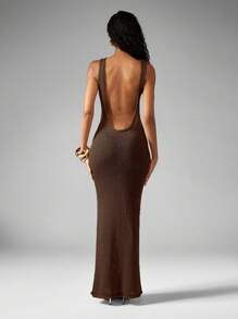 MISSGUIDED Đầm Maxi Đi Biển Dệt Kim Dài Không Tay Hở Lưng Dạ Hội Mặc Đi Nghỉ Mát Đi Hồ Bơi Mùa Hè Đi Biển - màu nâu - Xem 2