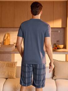 Manfinity Underwear&Sleepwear Basics Herren Rundhals-Taschen-Kurzarm-Top und karierte Shorts mit Druckmuster, Sommer Homewear-Set - Babyblau - Übersicht 2