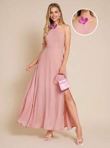 Amorya 女士优雅社交派对露肩高开衩装饰连衣裙，雪纺 - 粉色 - 查看 3