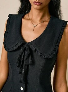 Poéselle Women's Summer Fashion Peter Pan Collar Button Short Dress - Black - View 3