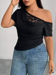 Elenzga Áo thun nữ cỡ lớn cổ bẻ bất đối xứng ren ghép thanh lịch - trắng - Xem 7