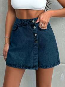 EURMUSE 100%Cotton LIGHT WASH BUTTONS DETAIL SHORT SKIRT - Teal Blue - View 8
