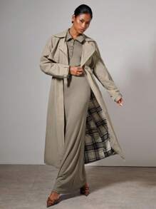 COSMINA Women's Solid Color Waist Pocket Casual Long Sleeve Trench Coat In Fall/Winter - Khaki - View 8