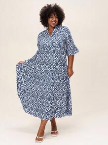 Comfylo Plus Size Women Holiday Casual Allover Print Notched Neck Flared Sleeve Long Dress For Summer - Blue and White - View 1