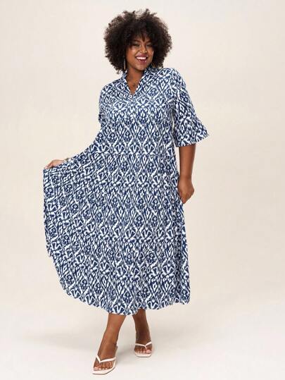 SHEIN LUNE Plus Size Women Holiday Casual Allover Print Notched Neck Flared Sleeve Long Dress For Summer