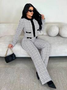 SHEIN SXY Women Minimalist Elegant Vintage Black&White Plaid Jacket, Casual/Work/Party/Formal Occasion Wear, Versatile Short Outerwear For Autumn/Winter, - Multicolor - View 3