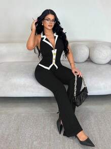 SHEIN SXY 女款優雅性感高端黑白夏季兩件式褲裝套裝，老錢風無袖西裝外套搭配長直筒長褲，適合夜店穿著 - 黑與白 - 查看 5