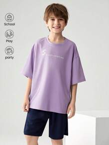 JNSQ 返校青少年男孩休闲圆领趣味字母印花宽松 T 恤，适合日常穿着、户外活动、度假、街头服饰、派对和休闲