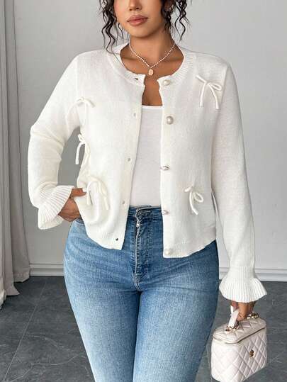 Elenzga 1 件大码女式优雅时尚纯色长袖蝴蝶结毛衣开衫