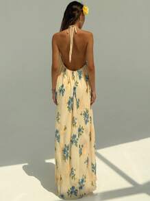 Aloruh Vestido largo con estampado floral, cuello profundo en V con volantes y espalda descubierta para playa para mujer - Multicolor - Ver 3