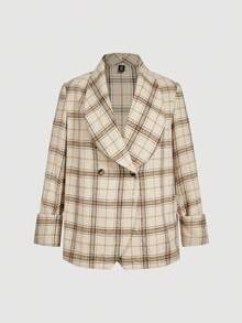 SHEIN MOD Plus Size Women Plaid Funnel Neck Formal Suit For Work, Elegant Commuting, Autumn/Winter Fall - Multicolor - View 5
