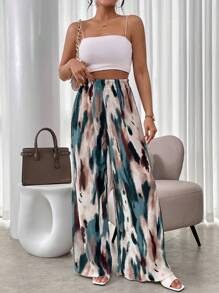 Breezaya 扎染阔腿休闲裤，女士春秋休闲自然阔腿长款多色宽松女裤，休闲日常穿着 - 彩色 - 查看 4