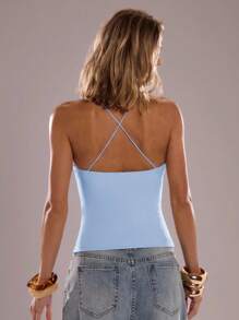 SHEIN BAE 棕色串珠细肩带女士吊带上衣、夏季性感紧身复古吊带上衣、度假沙滩上衣、串珠背心 - 淺藍色 - 查看 2