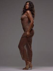 Musera Resort 细肩带露背纹理透视针织修身长裙罩衫沙滩泳装度假夏季假日可爱性感波西米亚风 - 棕色 - 查看 4