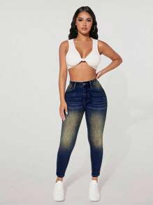 SHEIN PETITE 女式口袋设计紧身休闲百搭及踝牛仔裤