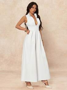 SHEIN PETITE 超宽腿拉链前无袖连体裤 - 杏色 - 查看 3