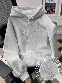 Manfinity Joysei 男士休闲日常字母图案压花印花口袋抽绳连帽衫运动衫灰色连帽衫男士连帽衫休闲波士顿连帽衫男士连帽衫