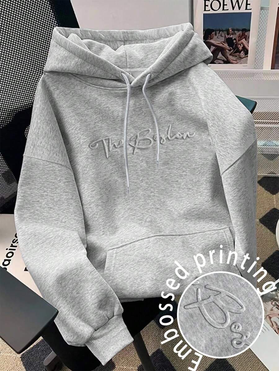 Manfinity Joysei 男士休闲日常字母图案压花印花口袋抽绳连帽衫运动衫灰色连帽衫男士连帽衫休闲波士顿连帽衫男士连帽衫