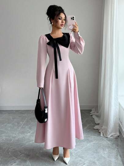 Elenzga 优雅浪漫圆领蝴蝶结长袖连衣裙，适合工作或度假，秋季