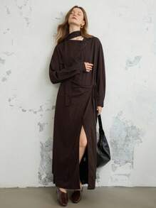 Dazy-Less Conjunto de 2 piezas para mujer: Vestido camisa y falda de unicolor, estilo de negocios casual, con cordón y cinturón, apropiado para otoño, primavera y verano - Marrón - Ver 6