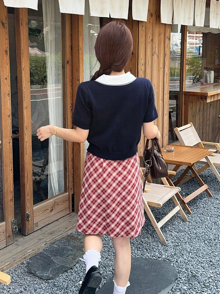 Women's Casual Commuter College Style Contrast Color Peter Pan Collar Letter Embroidery Short Sleeve Knit Top