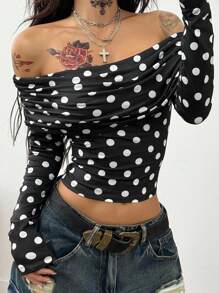 Coolane 女式秋季/四季狂欢街头休闲 Y2K 日常穿着波尔卡圆点黑色修身露肩长袖短款上衣 - 黑色 - 查看 2